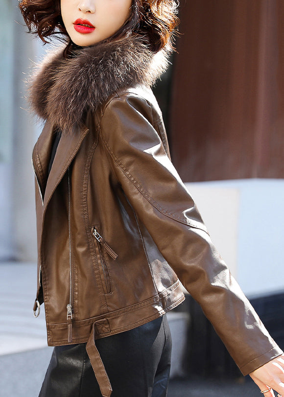 Stylish Coffee Fur Collar Zippered Faux Leather Jacket Winter