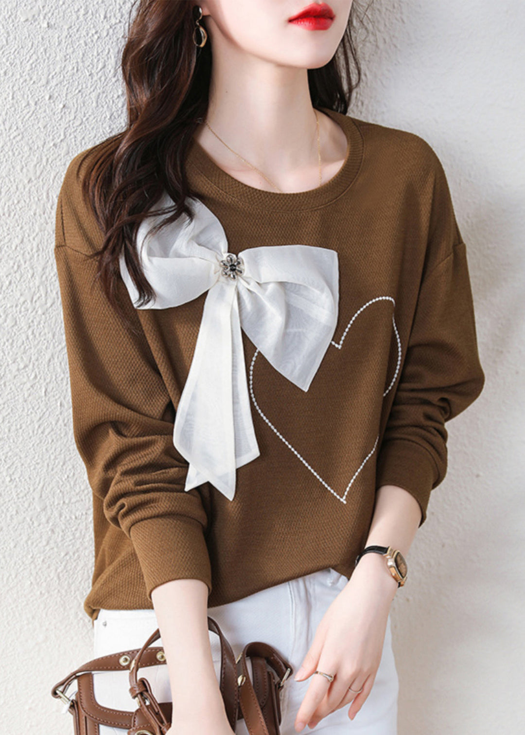 Stylish Coffee O Neck Bow Cotton Sweatshirt Streetwear Spring