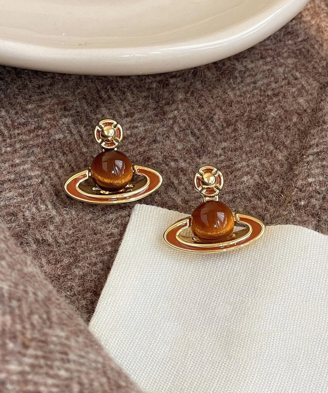 Stylish Coffee Sterling Silver Overgild Drip Glaze Planet Drop Earrings