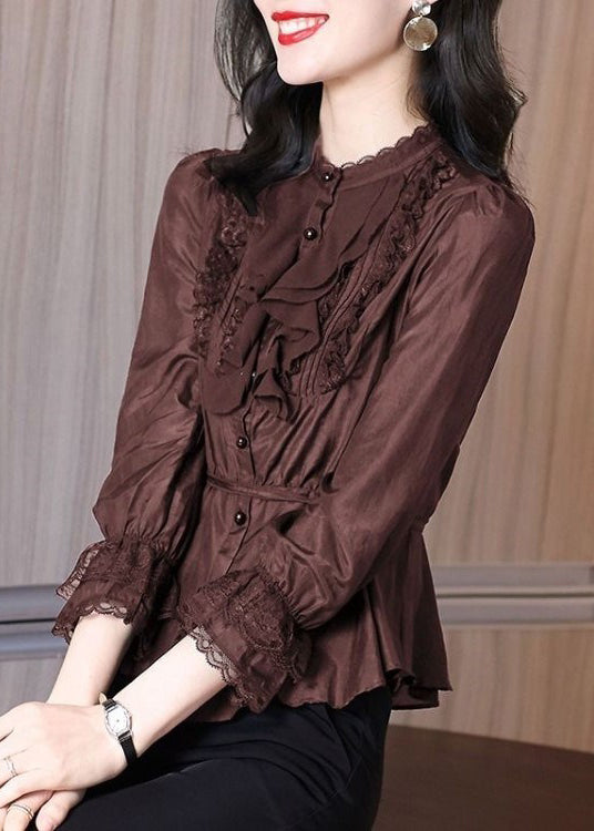 Stylish Coffee Tie Waist Lace Patchwork Shirt Spring