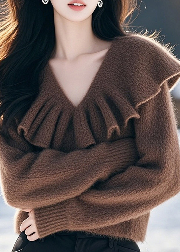 Stylish Coffee V Neck Ruffled Woolen Knit Pullover Spring