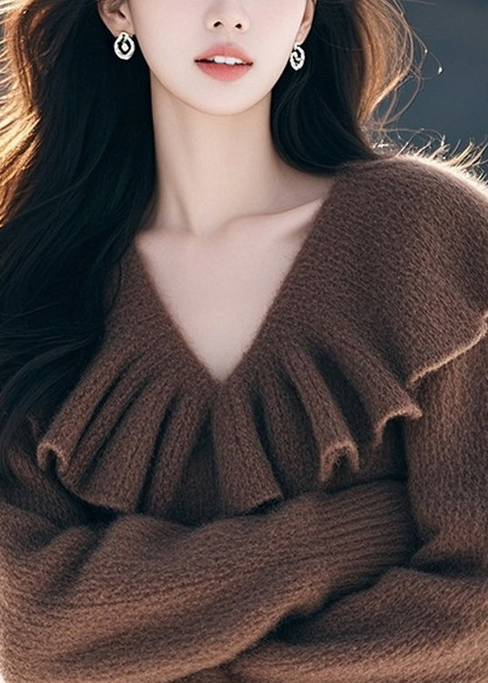 Stylish Coffee V Neck Ruffled Woolen Knit Pullover Spring