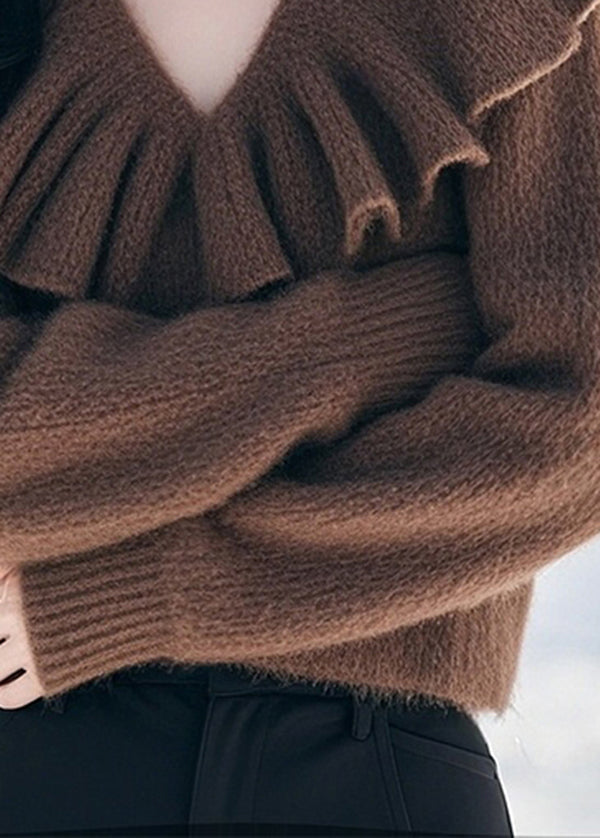 Stylish Coffee V Neck Ruffled Woolen Knit Pullover Spring