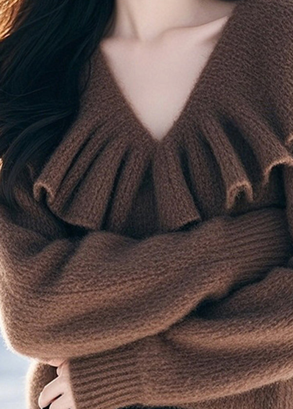 Stylish Coffee V Neck Ruffled Woolen Knit Pullover Spring