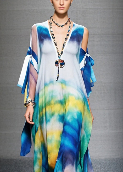 Stylish Cold Shoulder Tie Dye Chiffon Holiday Dress Summer