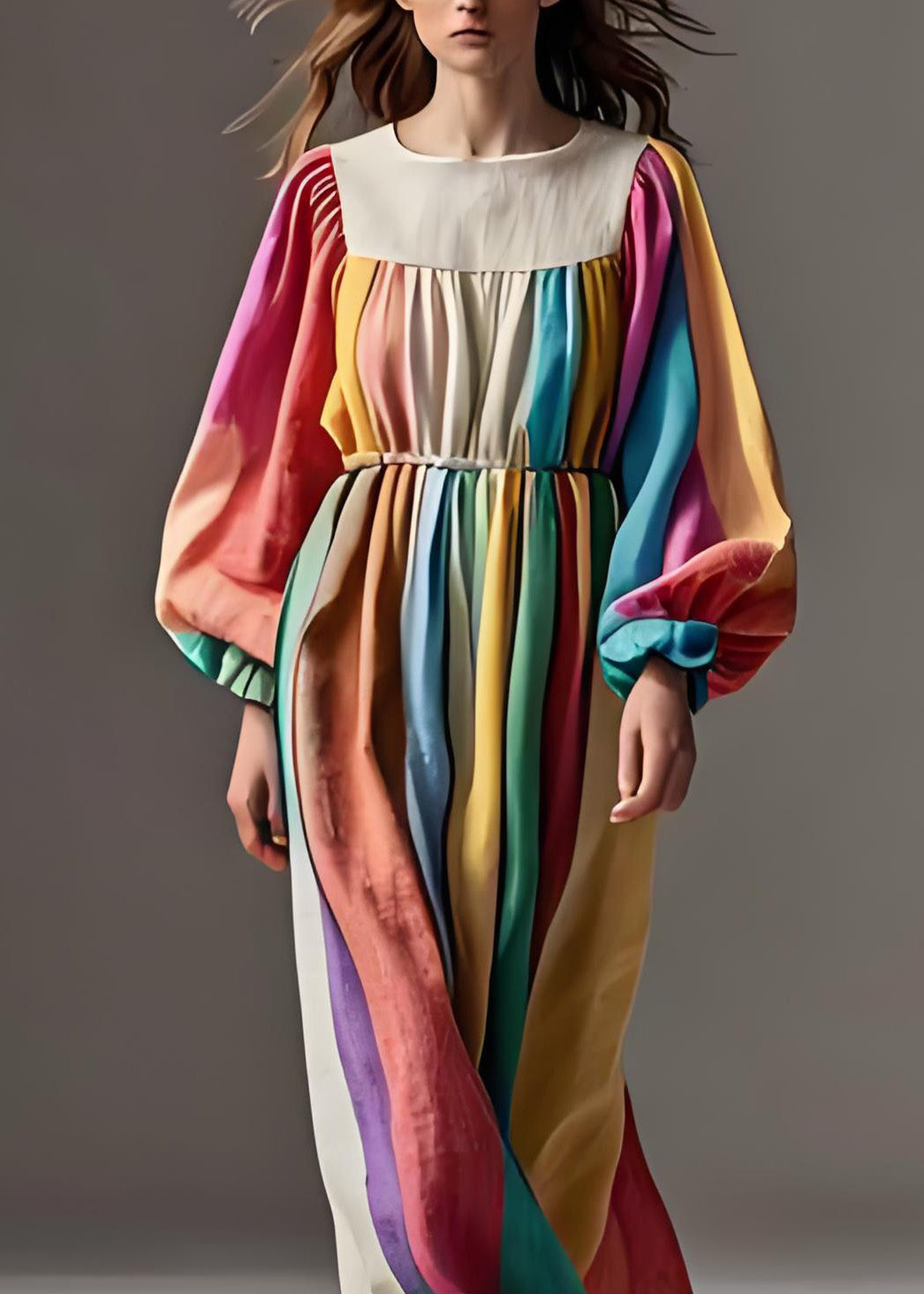 Stylish Colorblock O Neck Wrinkled Patchwork Cotton Dresses Lantern Sleeve