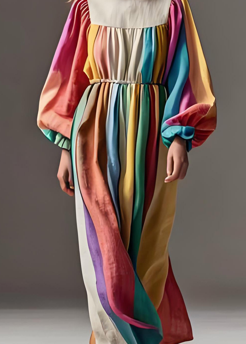 Stylish Colorblock O Neck Wrinkled Patchwork Cotton Dresses Lantern Sleeve