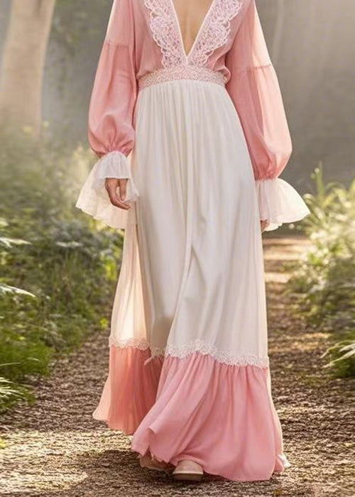 Stylish Colorblock V Neck Lace Patchwork Chiffon Long Dresses Flare Sleeve