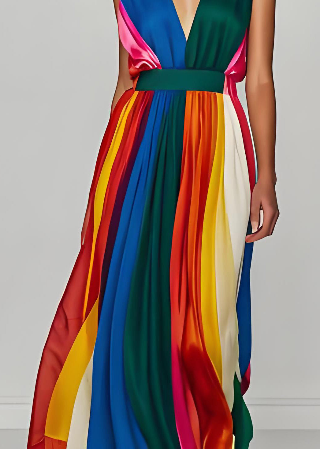 Stylish Colorblock V Neck Patchwork Silk Long Dresses Sleeveless