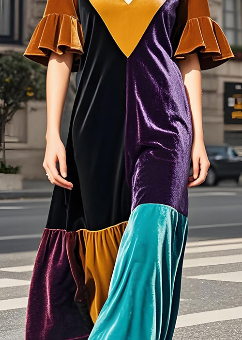 Stylish Colorblock V Neck Patchwork Velvet Dress Butterfly Sleeve