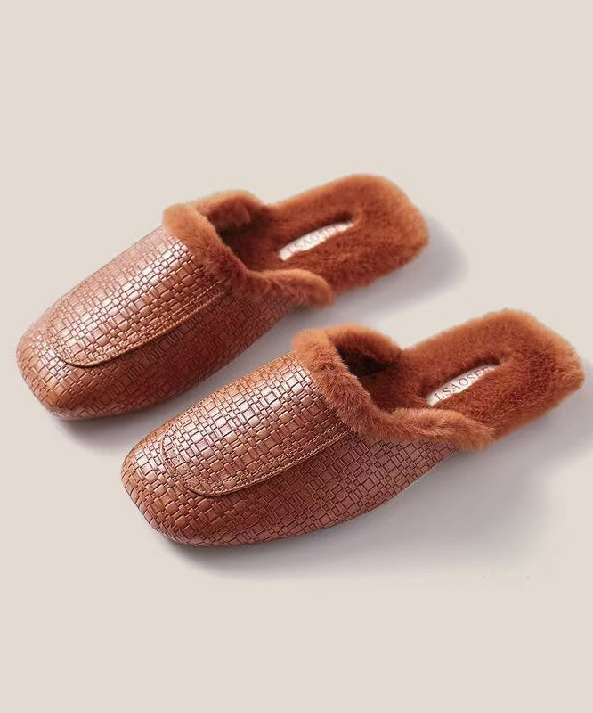 Stylish Comfy Caramel Slippers Shoes Splicing Fuzzy Wool Lined