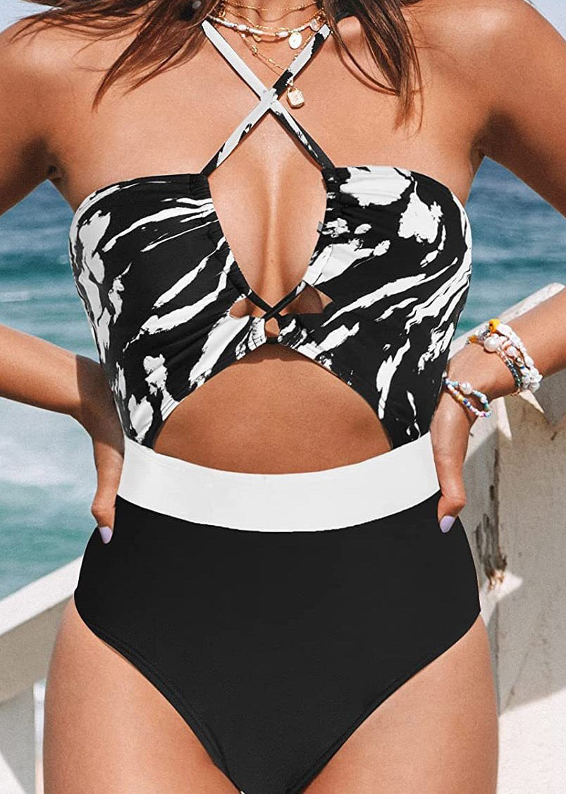 Stylish Cyan Print Halter Hollow Out Bodysuit Swimwear