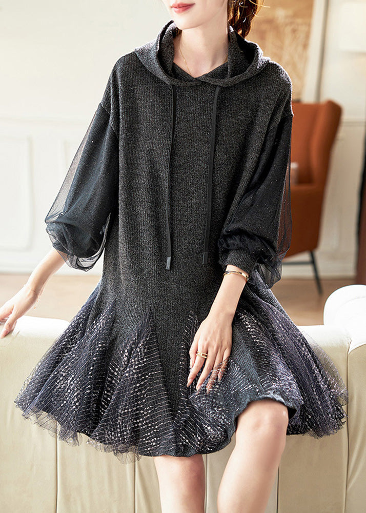 Stylish Dark Grey Hooded Tulle Patchwork Knit Dresses Spring