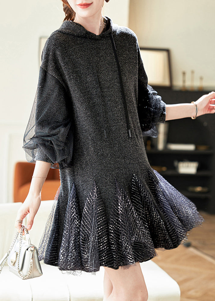 Stylish Dark Grey Hooded Tulle Patchwork Knit Dresses Spring