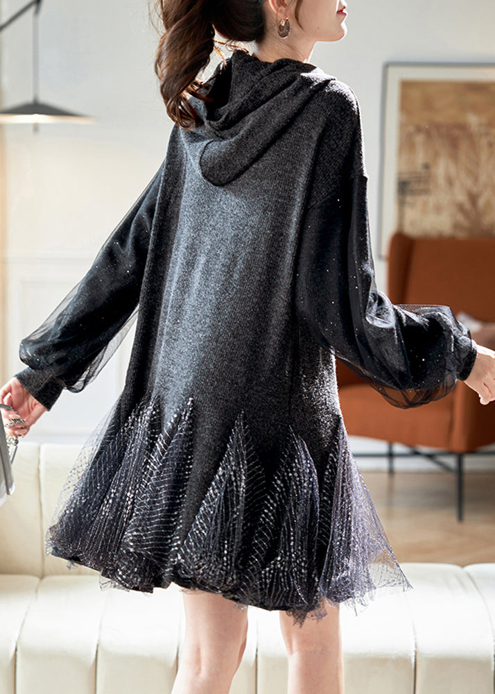 Stylish Dark Grey Hooded Tulle Patchwork Knit Dresses Spring