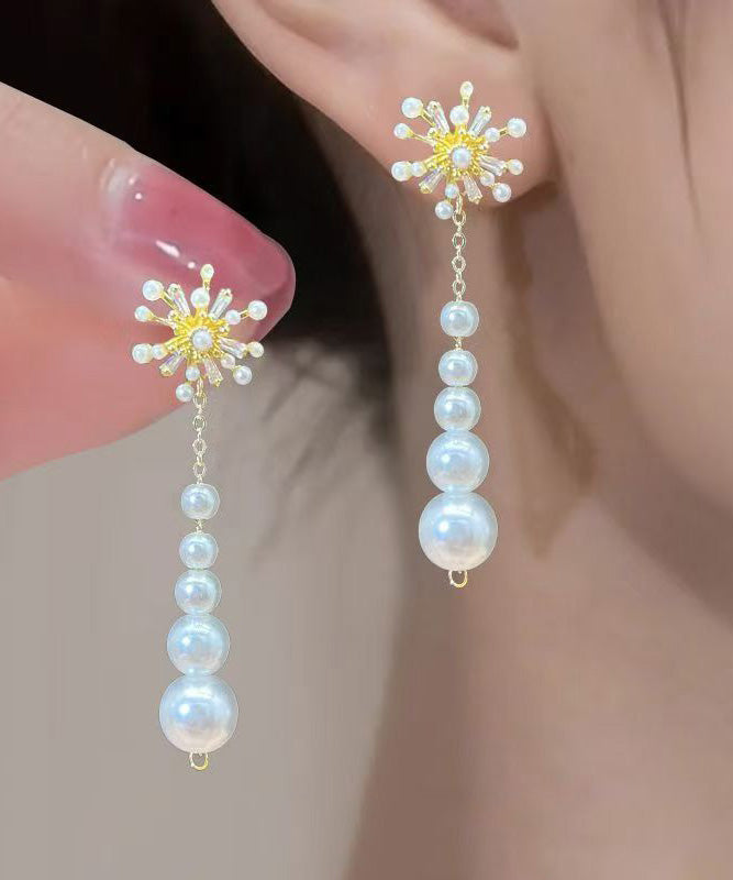 Stylish Gold Alloy Zircon Pearl Fireworks Tassel Drop Earrings