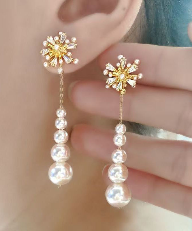 Stylish Gold Alloy Zircon Pearl Fireworks Tassel Drop Earrings