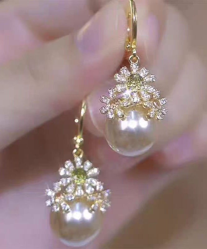 Stylish Gold Copper Zircon Pearl Drop Earrings