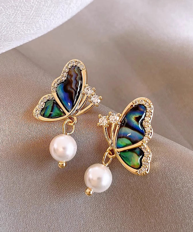 Stylish Gold Sterling Silver Overgild Zircon Drip Glaze Butterfly Pearl Stud Earrings