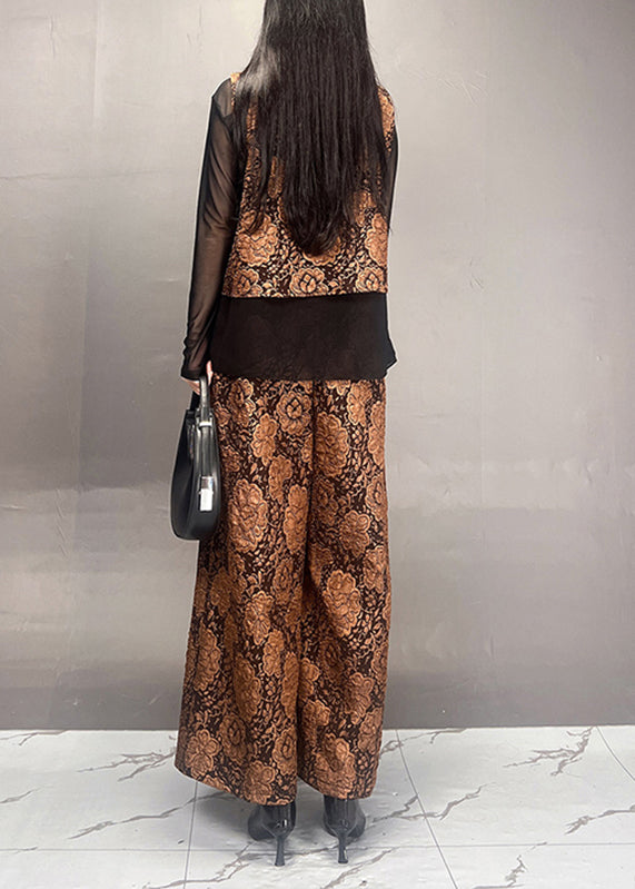 Stylish Gold Tulle Patchwork Coats And Wide Leg Pants Two Piece Set Fall