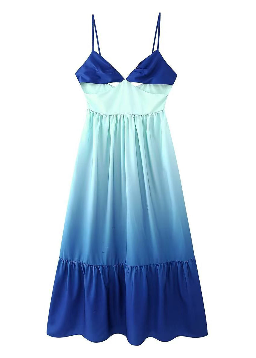 Stylish Gradient Blue Wrinkled Patchwork Spaghetti Strap Dress Sleeveless