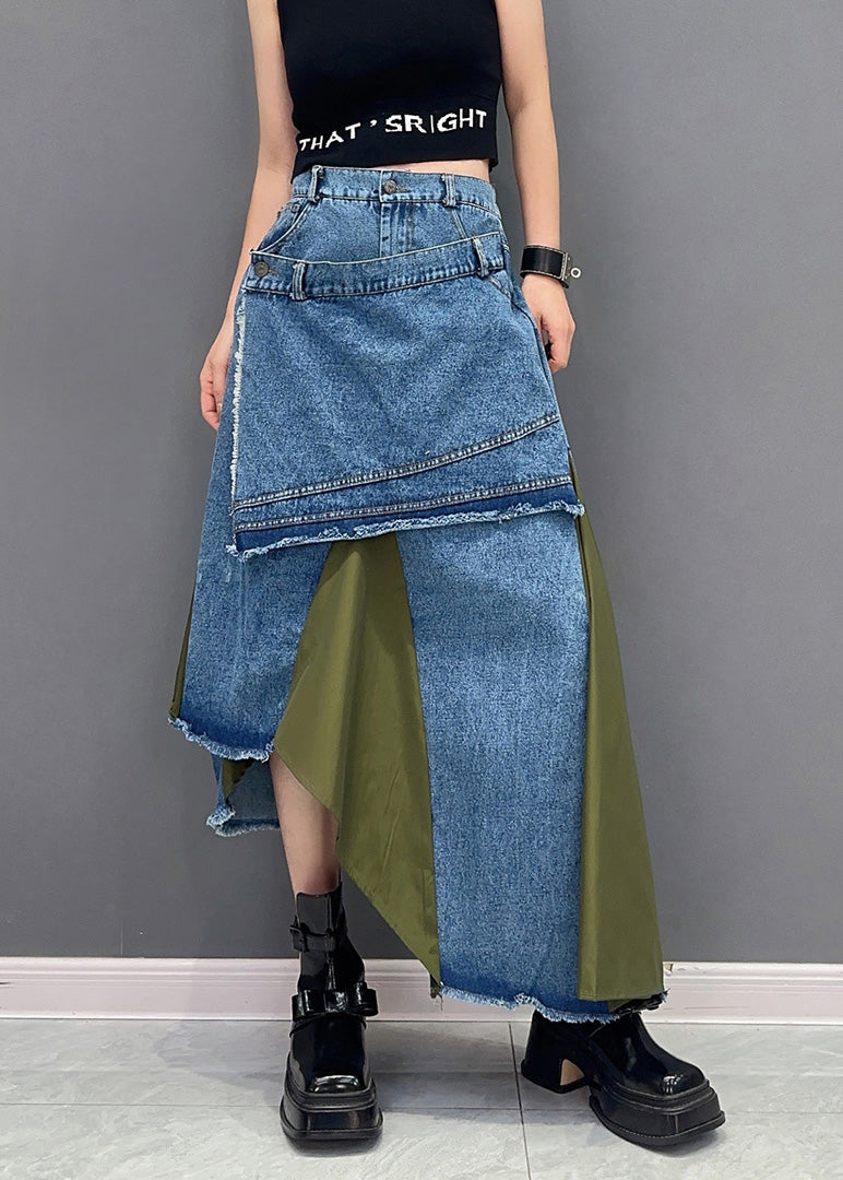 Stylish Green Asymmetrical Patchwork Denim Skirt Summer