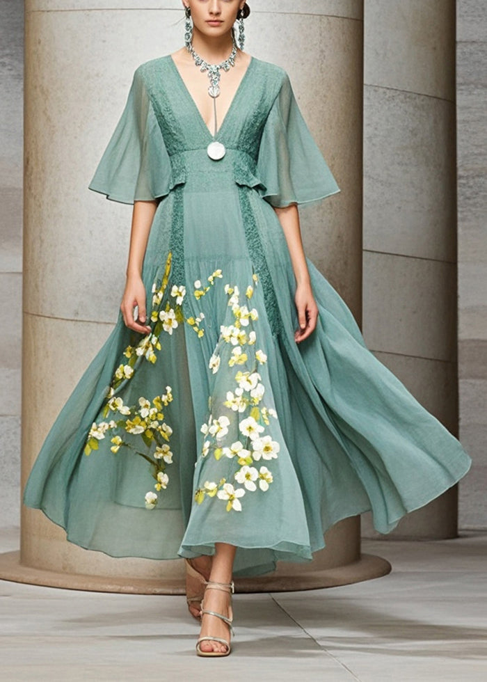 Stylish Green Cinched Print Chiffon Robe Dresses Summer