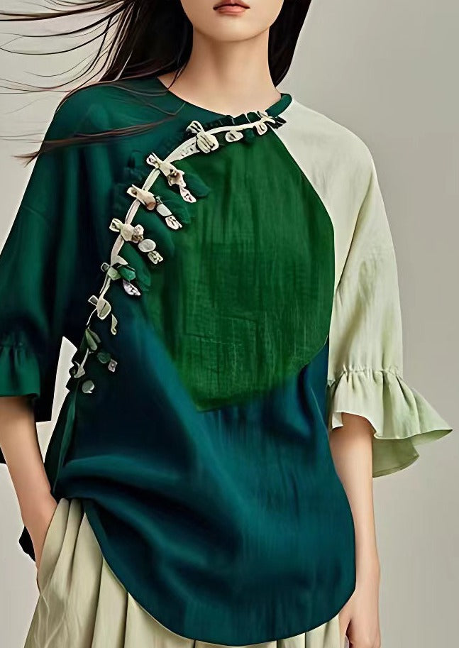 Stylish Green O Neck Button Cotton Blouses Flare Sleeve