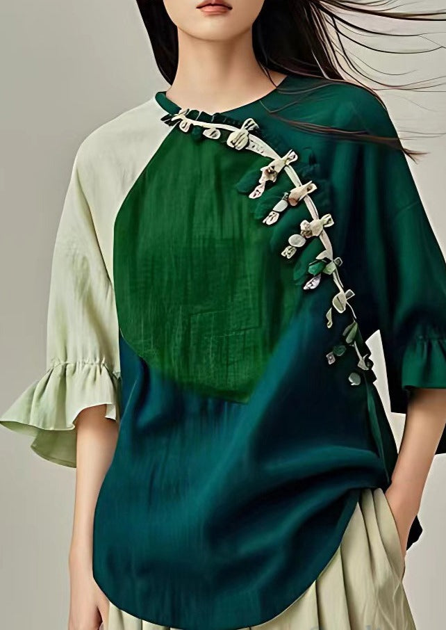 Stylish Green O Neck Button Cotton Blouses Flare Sleeve