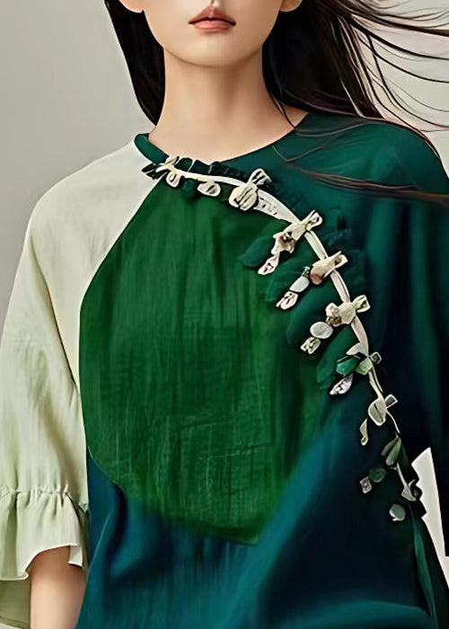 Stylish Green O Neck Button Cotton Blouses Flare Sleeve