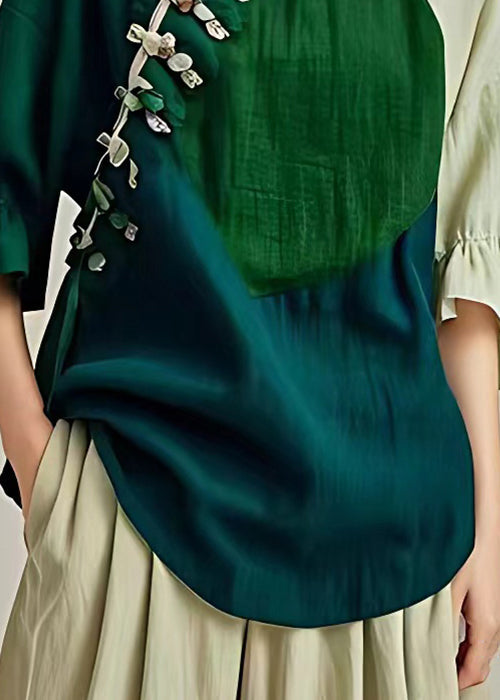 Stylish Green O Neck Button Cotton Blouses Flare Sleeve