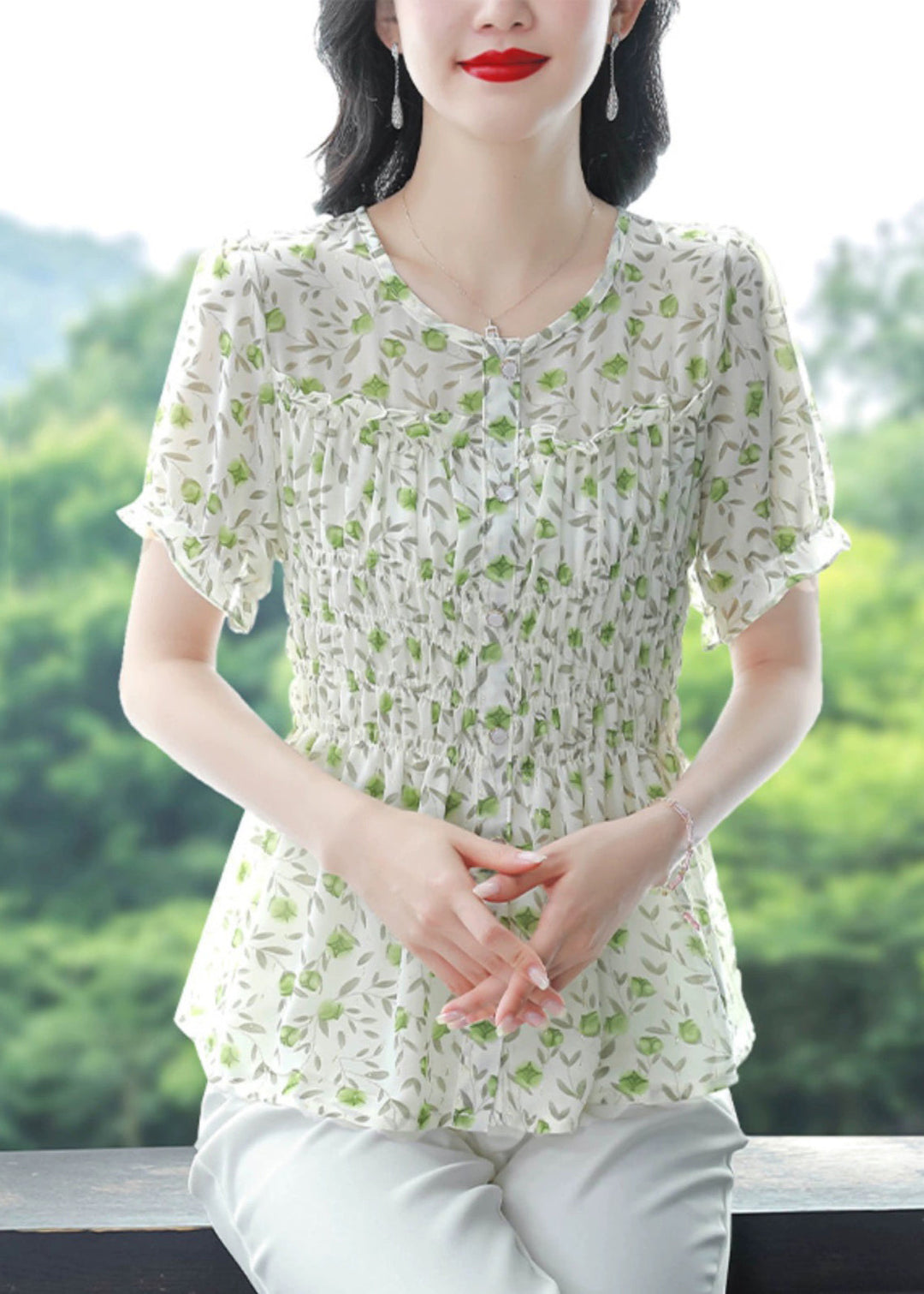 Stylish Green O-Neck Ruffled Print Chiffon Shirts Summer