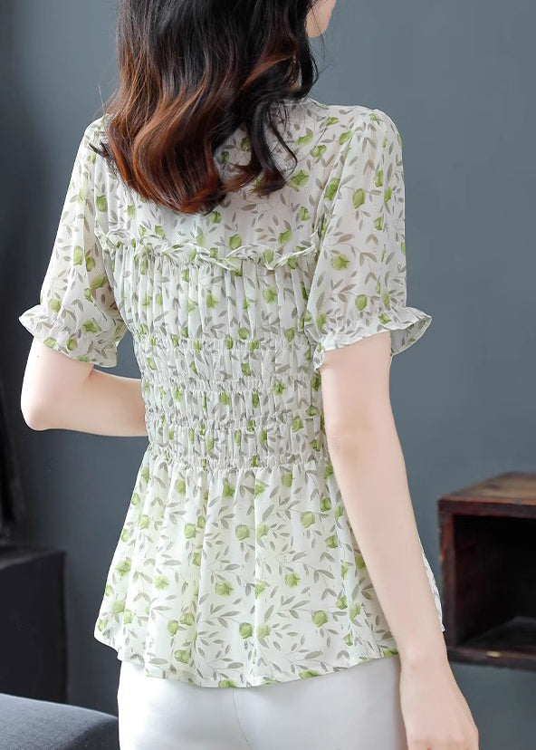 Stylish Green O-Neck Ruffled Print Chiffon Shirts Summer