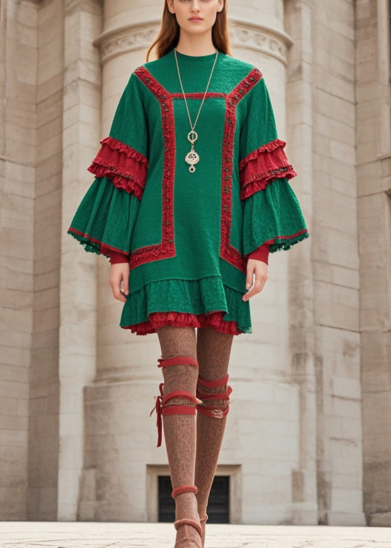 Stylish Green Ruffled Patchwork Cotton Day Dress Flare Sleeve