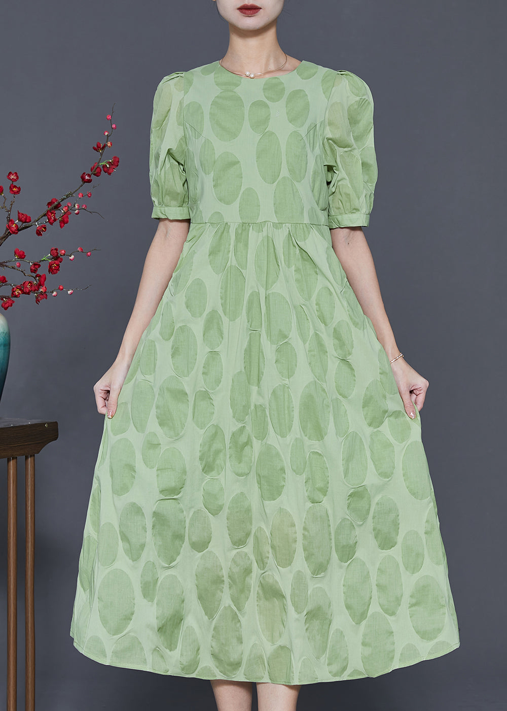 Stylish Green Silm Fit Cotton Long Dress Puff Sleeve