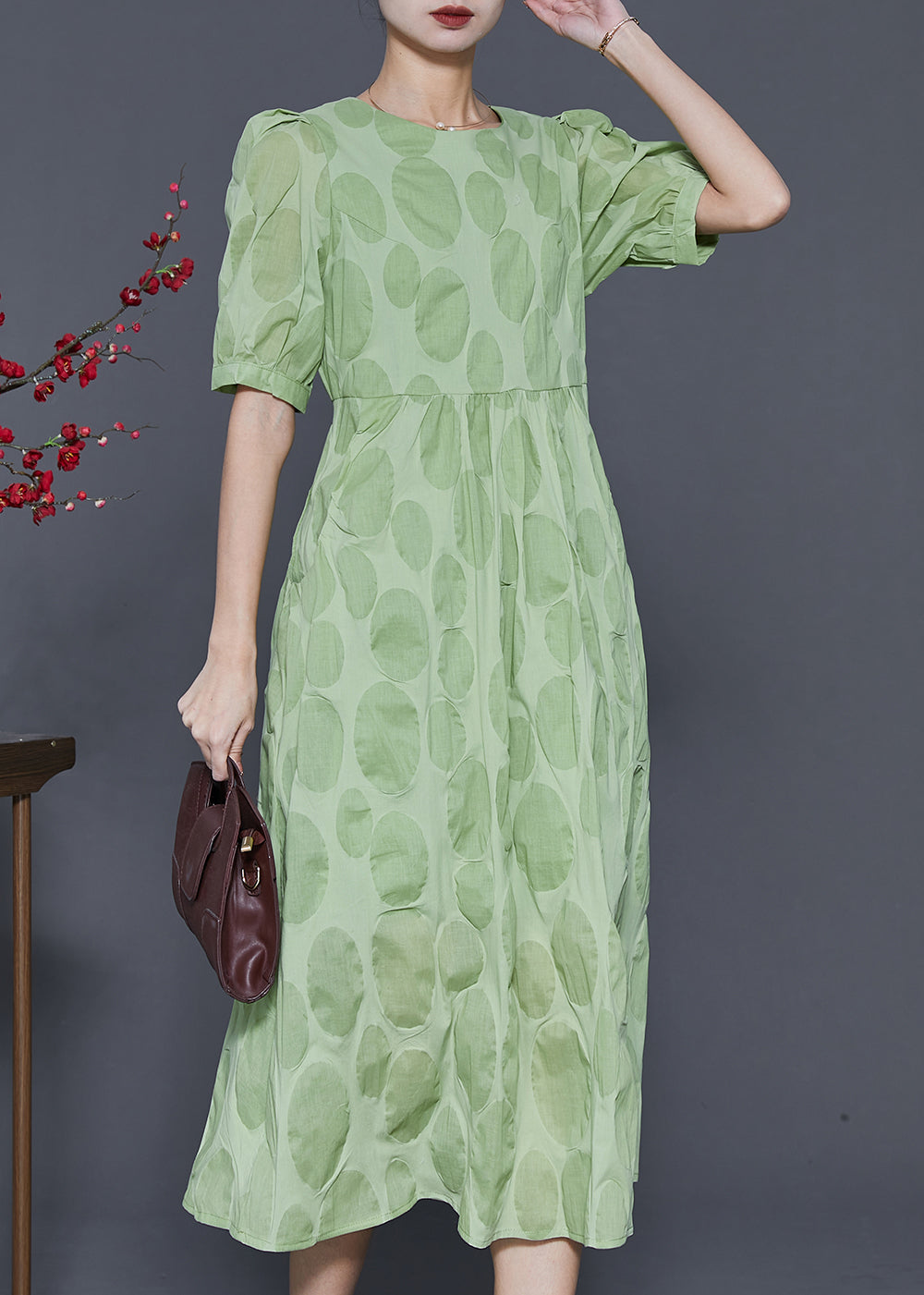 Stylish Green Silm Fit Cotton Long Dress Puff Sleeve