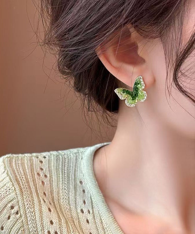 Stylish Green Sterling Silver Alloy Crystal Zircon Butterfly Stud Earrings