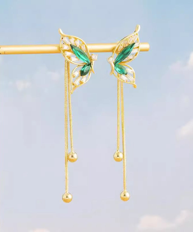 Stylish Green Sterling Silver Overgild Butterfly Tassel Drop Earrings