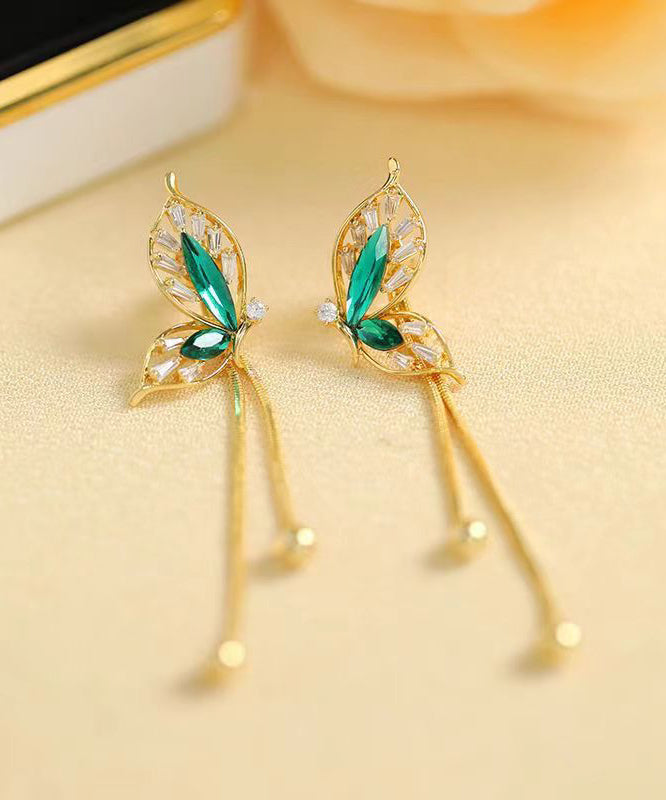 Stylish Green Sterling Silver Overgild Butterfly Tassel Drop Earrings