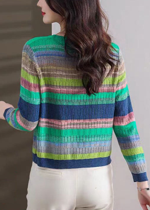 Stylish Green Striped Button Thin Knit Sweater Spring