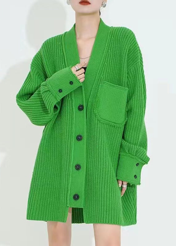 Stylish Green V Neck Button Patchwork Woolen Cardigan Fall