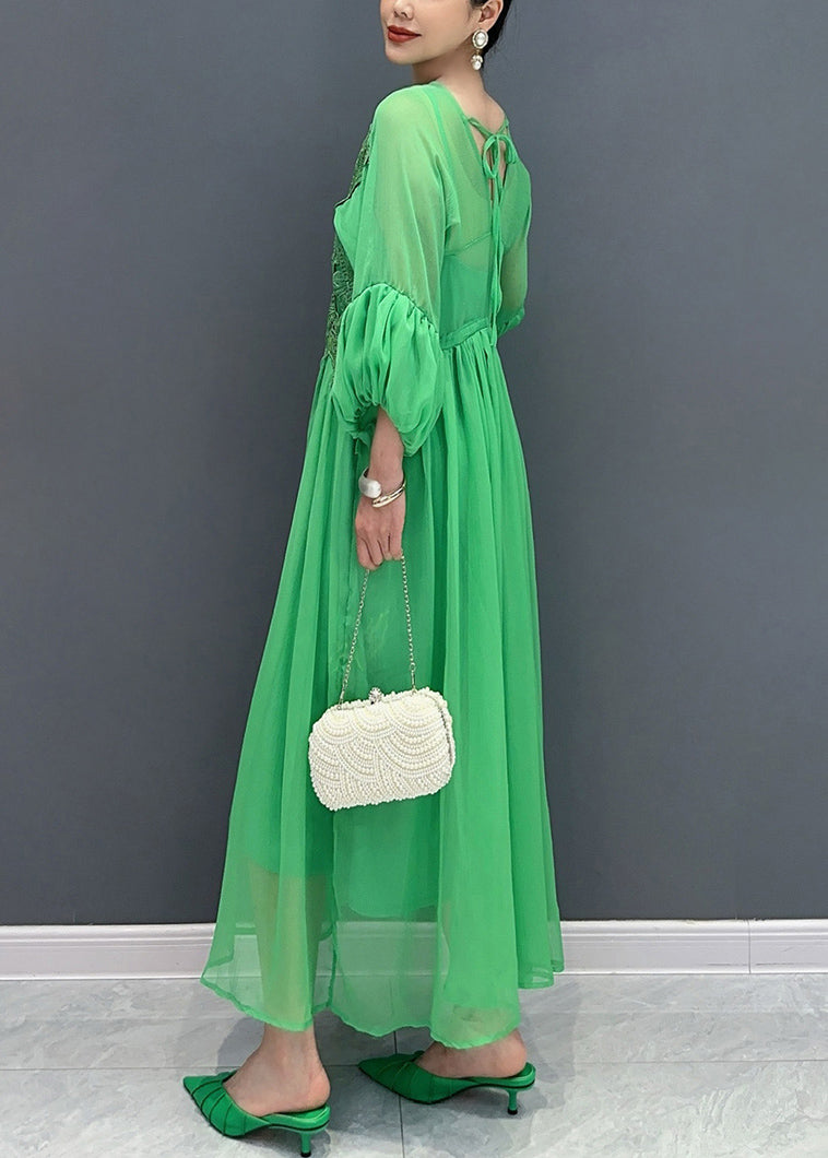 Stylish Green V Neck Embroidered Floral Chiffon Long Dress Fall