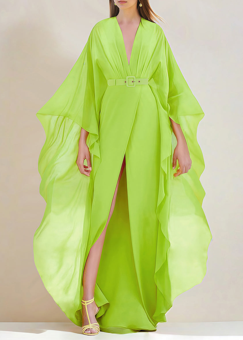 Stylish Green V Neck Ruffled Front Open Silk Long Dress Spring