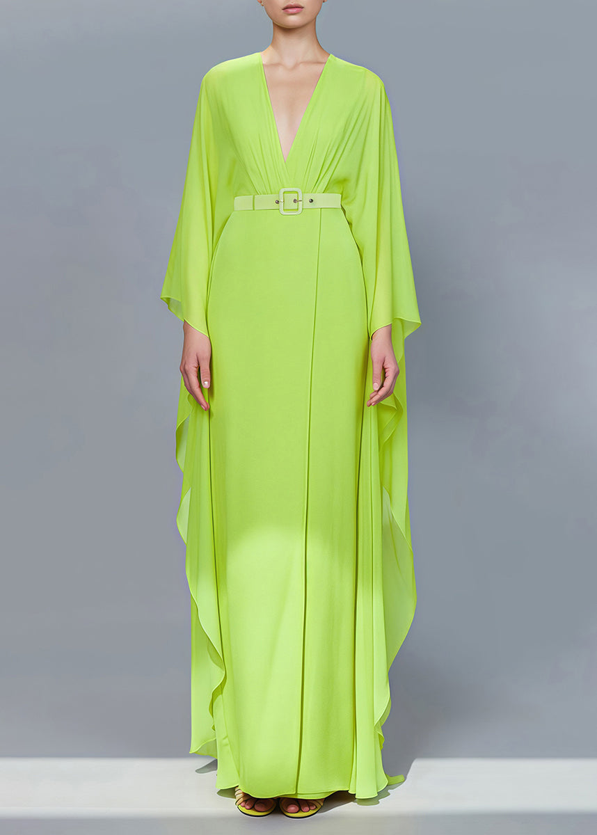 Stylish Green V Neck Ruffled Front Open Silk Long Dress Spring