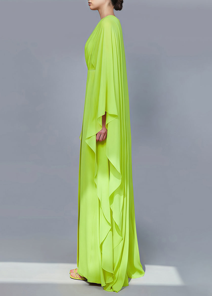 Stylish Green V Neck Ruffled Front Open Silk Long Dress Spring