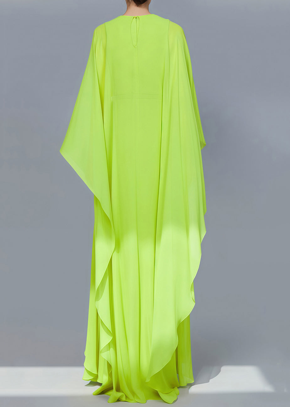 Stylish Green V Neck Ruffled Front Open Silk Long Dress Spring