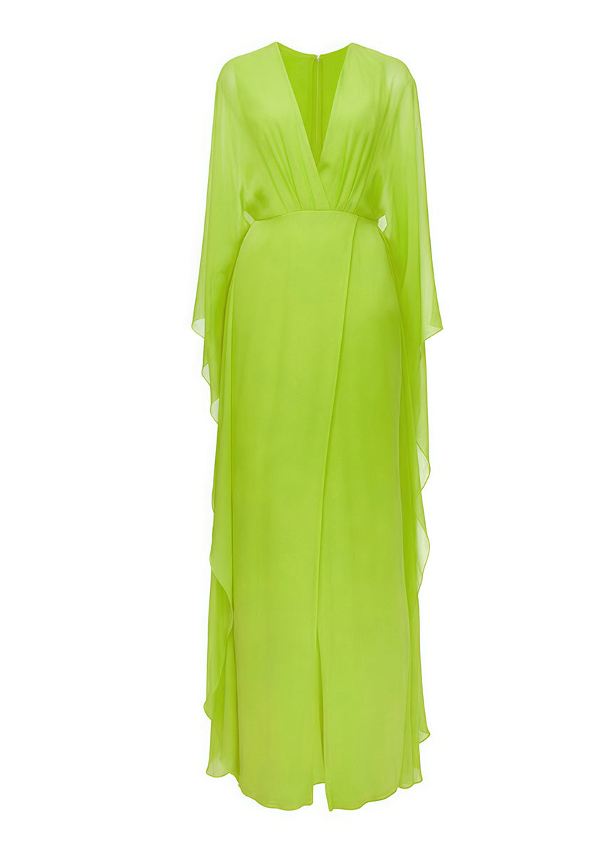 Stylish Green V Neck Ruffled Front Open Silk Long Dress Spring