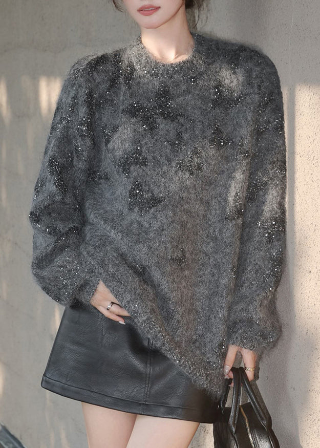 Stylish Grey O Neck Sequins Knit Pullover Spring