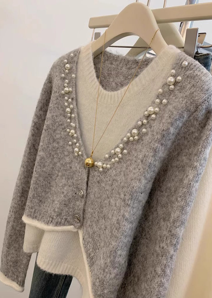 Stylish Grey Pearl False Two Pieces Knit Sweaters Winter