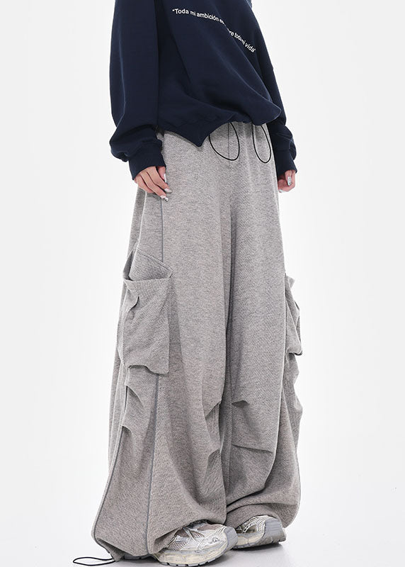 Stylish Grey Pockets Drawstring Cotton Wide Leg Pants Spring